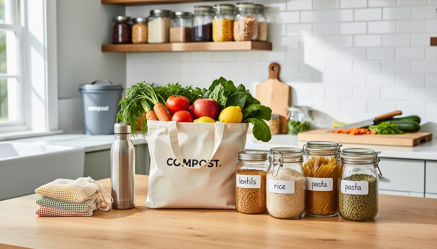 Family hands unpacking fresh produce from reusable shopping bags on kitchen counter