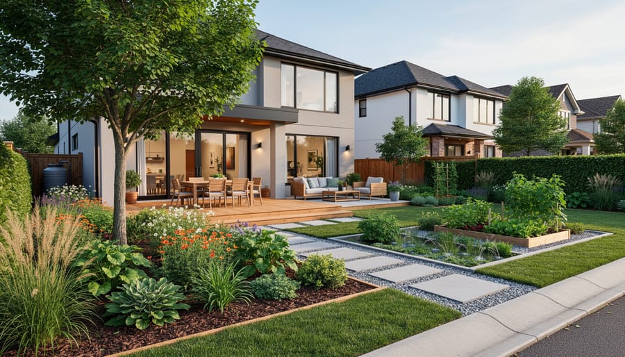 Established native Australian garden with flowering plants beside modern home
