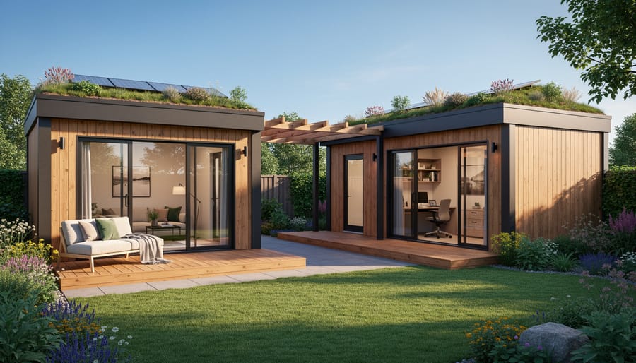 Contemporary timber-clad backyard studio with glass doors integrated into Australian garden setting