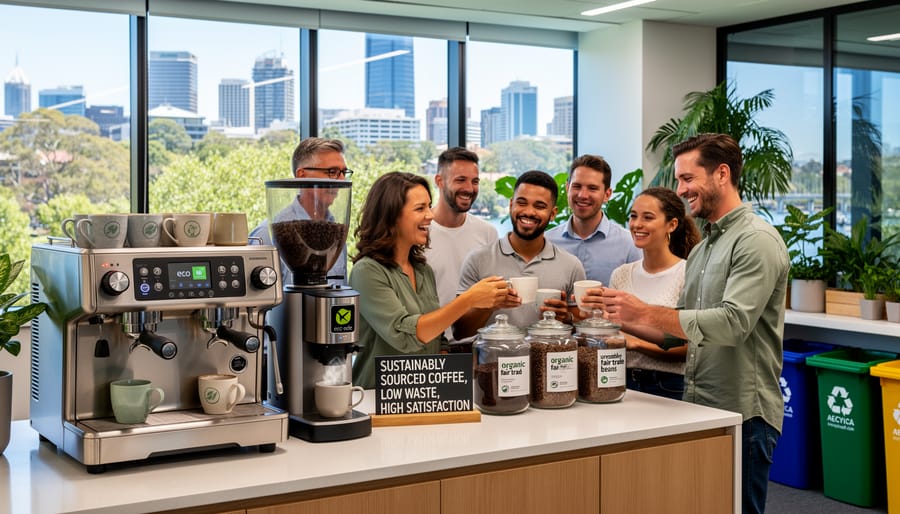 Office team enjoying coffee together with reusable mugs in modern workplace