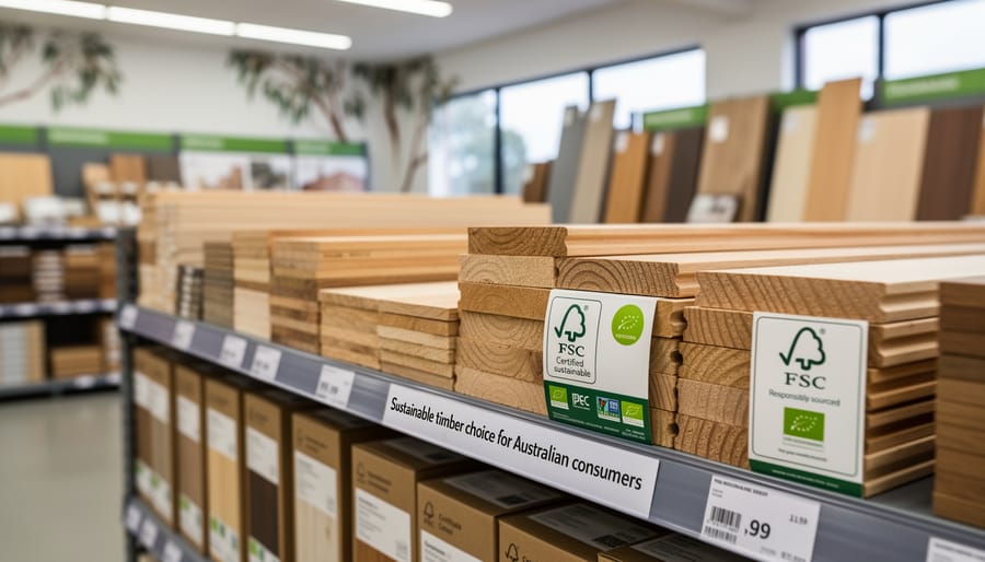 Close-up of forest certification labels on stacked timber planks