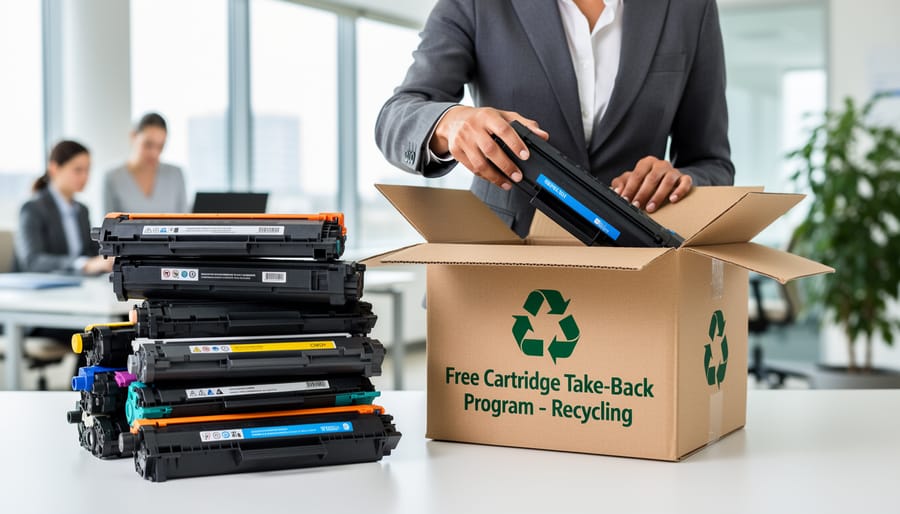 Office worker depositing empty toner cartridge into manufacturer recycling collection box