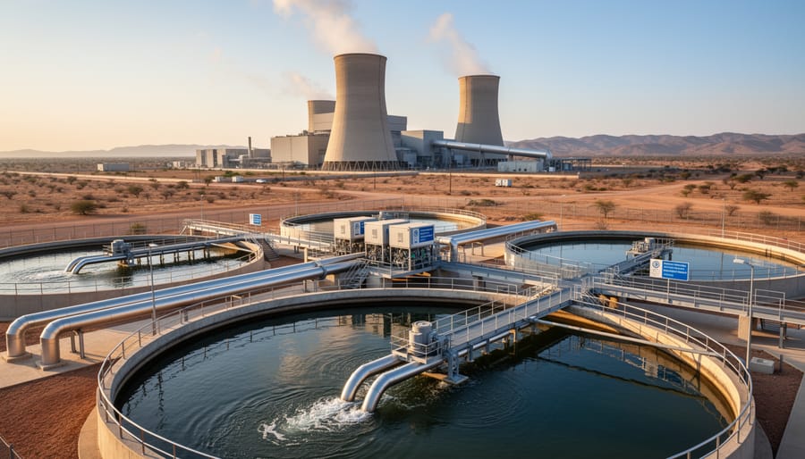 Water recycling treatment facility at power plant showing clean treated water