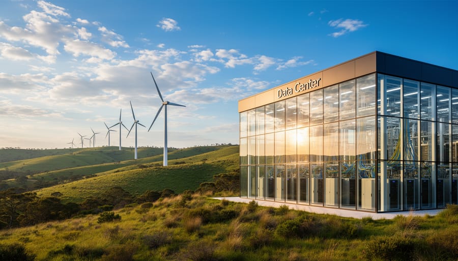 Wind turbines generating renewable energy at sunset with power transmission infrastructure