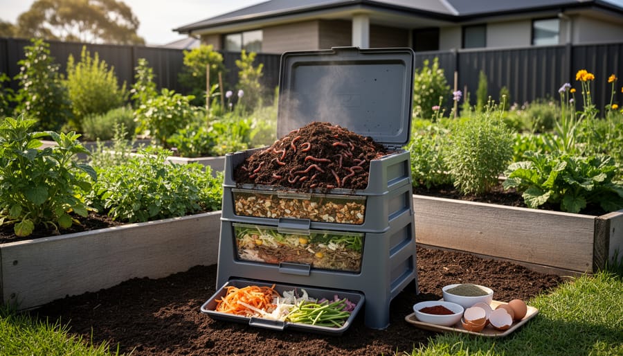 Active worm farm composting system with visible earthworms and decomposing organic matter