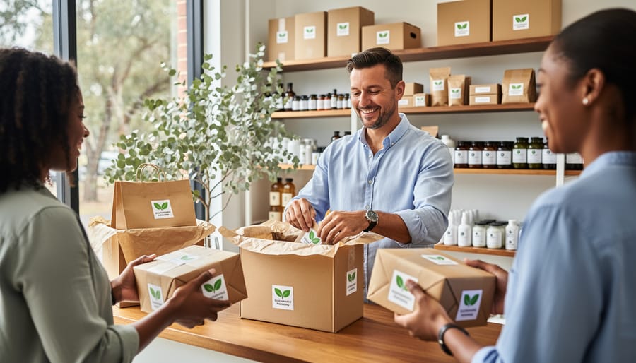 Small business owner packaging products in eco-friendly biodegradable mailers at wooden workbench