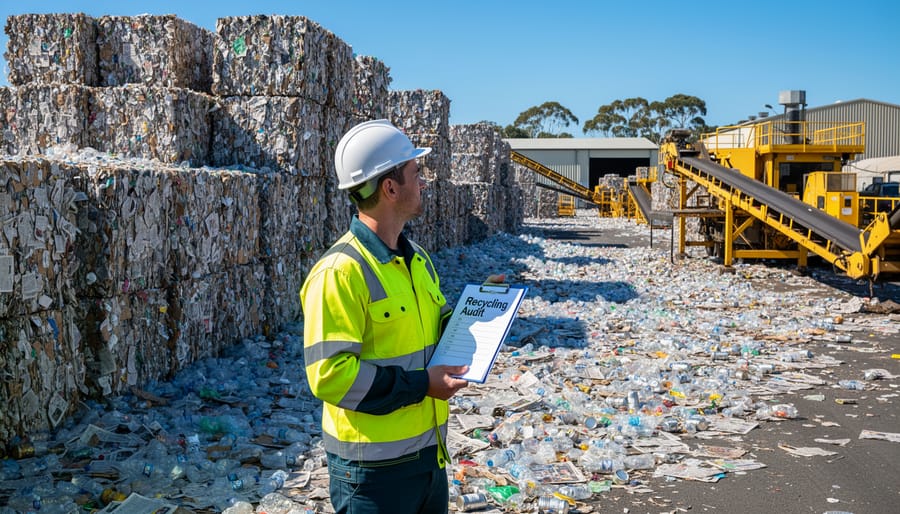 Overflowing shipping containers of recyclable waste at Australian processing facility