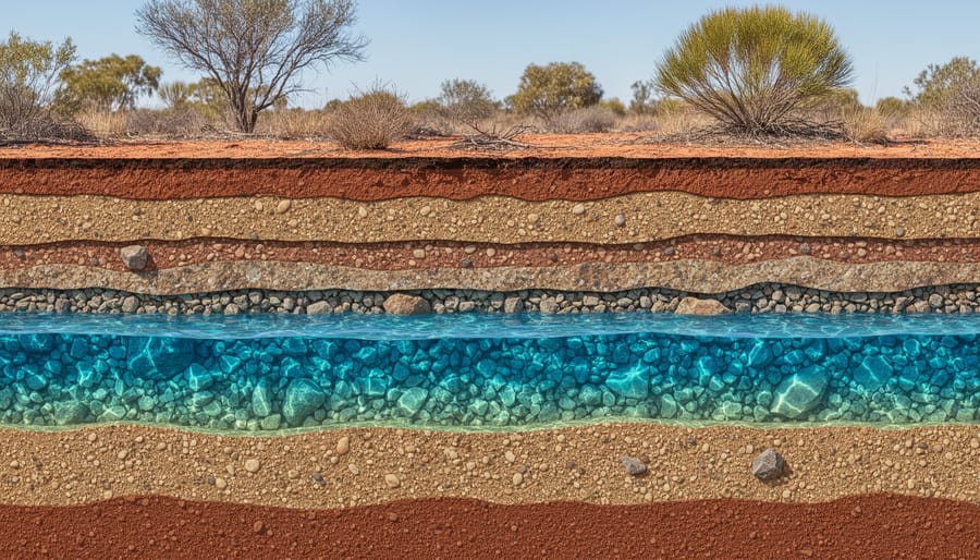 Cross-section of layered sedimentary rock formations showing porous aquifer structure
