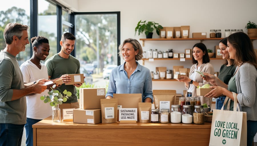 Australian small business owners collaborating with sustainable packaging materials on table