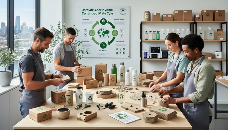 Business team reviewing sustainable product packaging designs in modern office