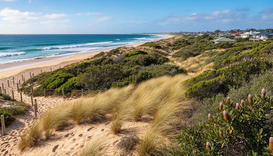 Restored sand dunes with native Australian grasses and wooden boardwalk protecting coastal area