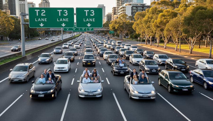 Cars traveling in designated HOV transit lane on Australian highway