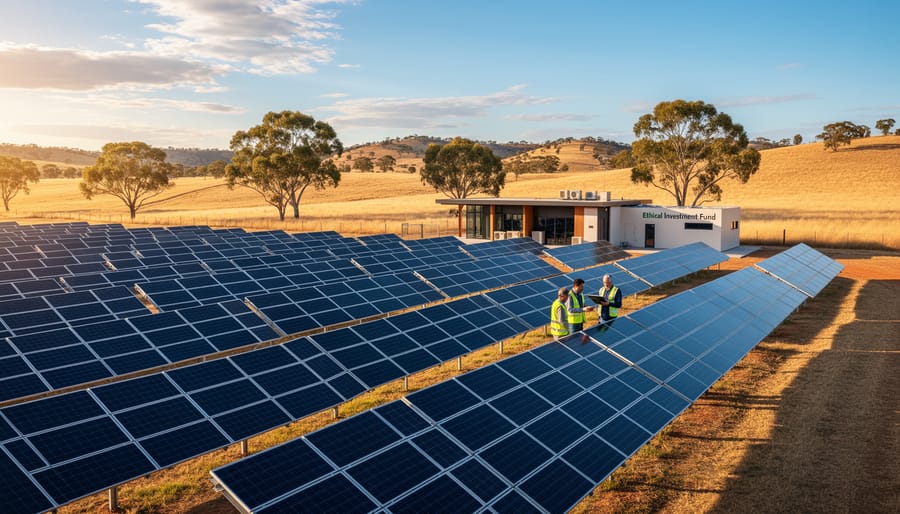 Large solar panel farm installation in Australian landscape during golden hour