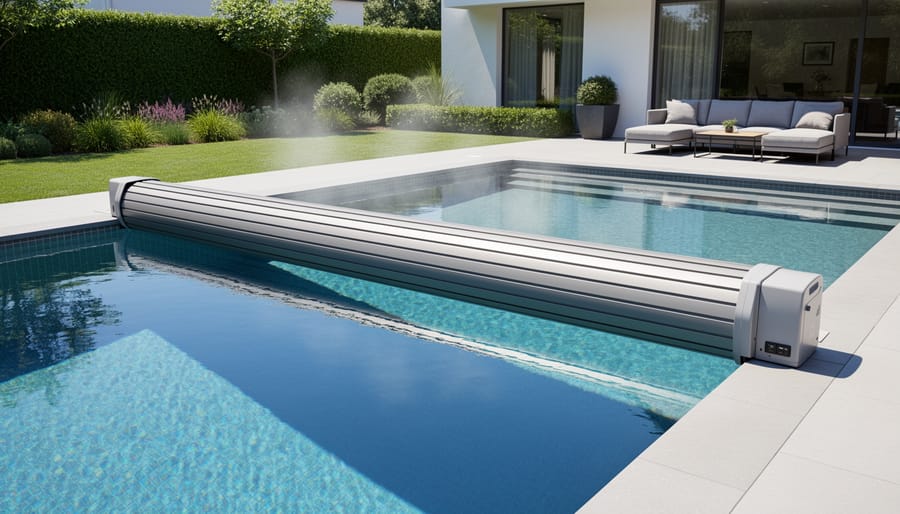 Automated pool cover system operating on large swimming pool