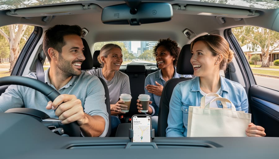 Diverse group of commuters sharing conversation and laughter during carpool journey