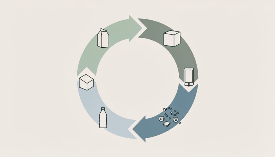 Circular arrangement of recyclable materials including glass, aluminum, cardboard and plastic