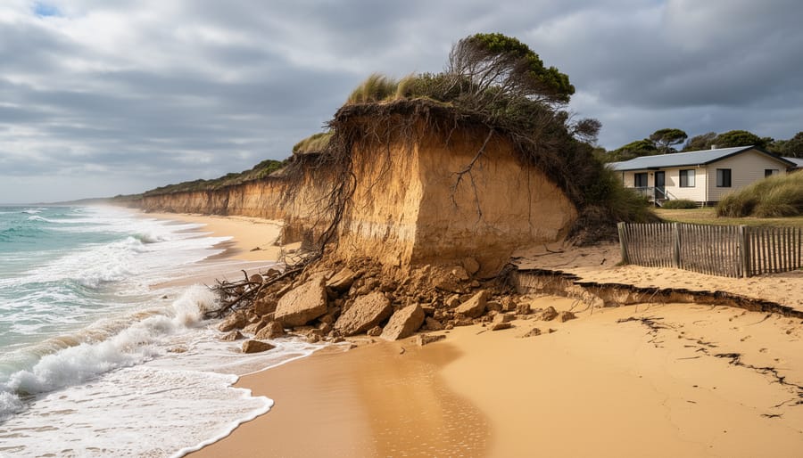 Eroding coastal cliff showing exposed rock layers and coastal retreat from sea level rise