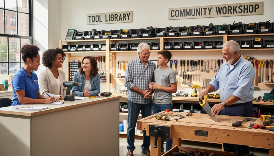 Group of neighbors examining shared power tool together in suburban Australian setting