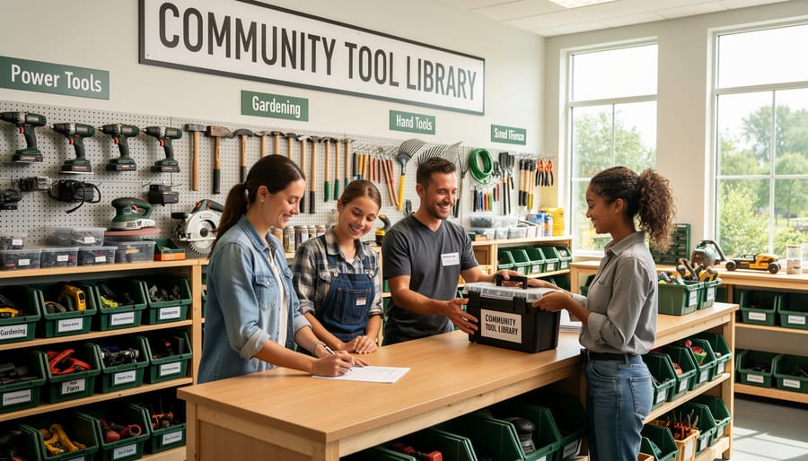 Organized shelving unit displaying various tools and equipment in a community tool library