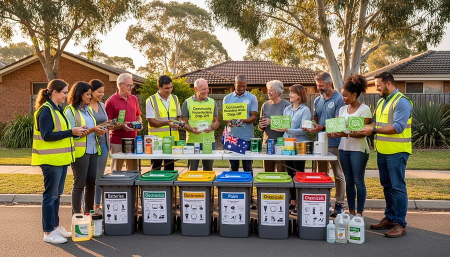 Group of Australian residents holding eco-friendly products in suburban neighborhood setting