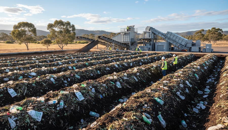 Worker at industrial composting facility managing organic waste piles
