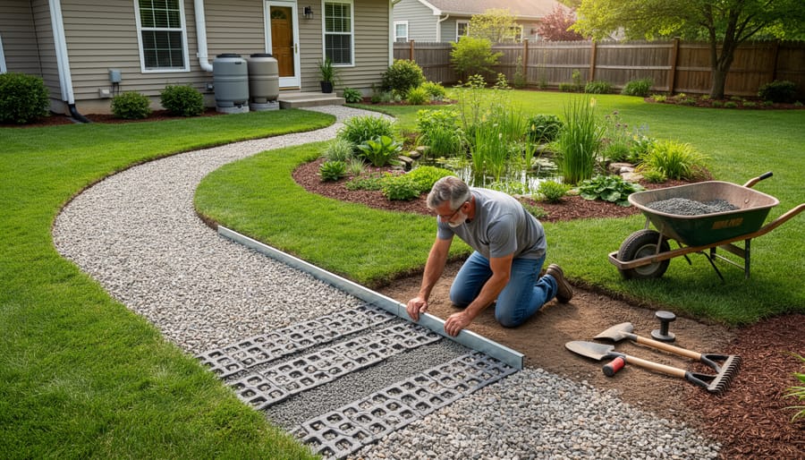 Homeowner installing crushed stone gravel pathway with rain garden visible in background