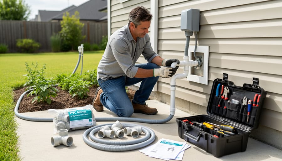 Hands assembling PVC pipes for DIY greywater system installation