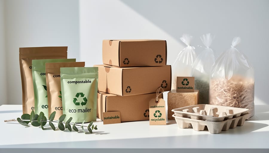 Assortment of sustainable packaging materials including biodegradable mailers, recycled cardboard, and plant-based packaging options