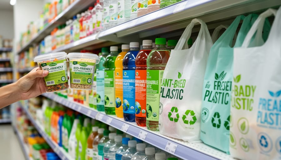 Collection of biodegradable and compostable plastic products including cups and containers on wooden surface