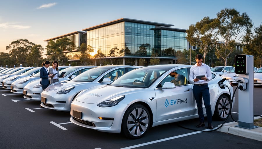 Fleet of white electric commercial vans parked at business depot facility