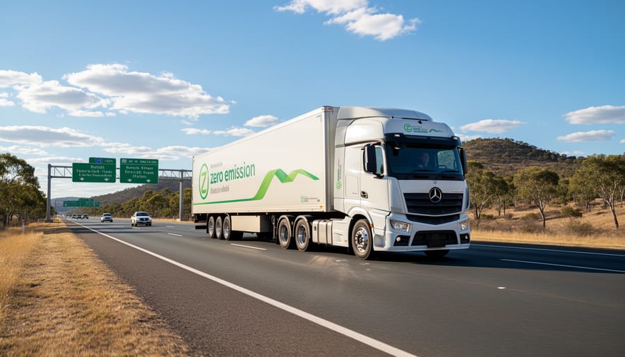 Modern battery-electric semi-truck traveling on Australian highway