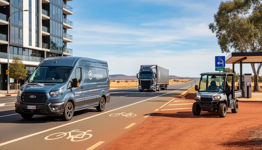 Electric commercial vehicle traveling on rural Australian road through natural landscape