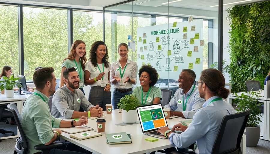 Diverse workplace sustainability team celebrating together in modern green office environment