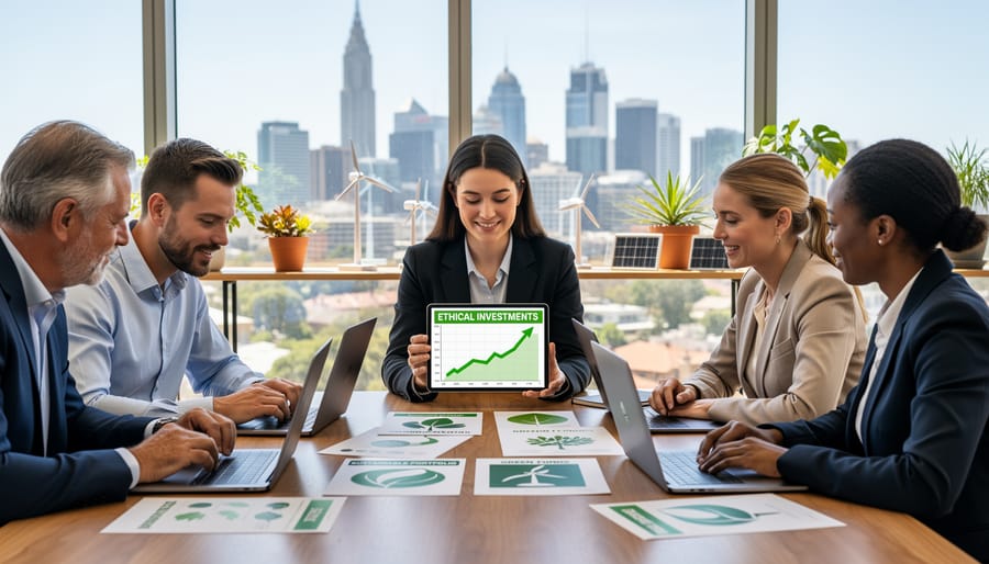 Group of professionals reviewing investment documents together in modern office setting