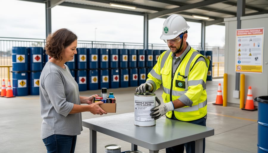 Facility worker in safety gloves receiving paint cans from resident at household hazardous waste collection point