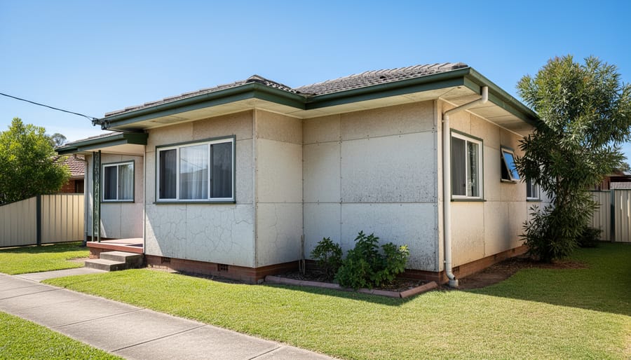 Weathered fibro asbestos cement wall on older Australian suburban home