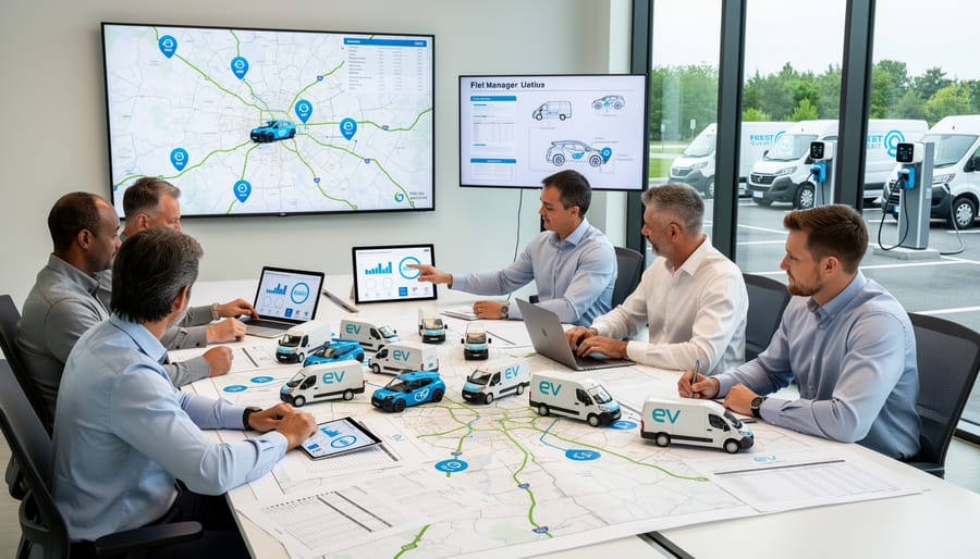 Fleet manager inspecting electric commercial vehicle with tablet for assessment