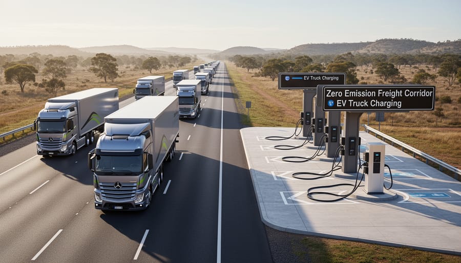 Aerial view of Australian freight corridor highway with trucks