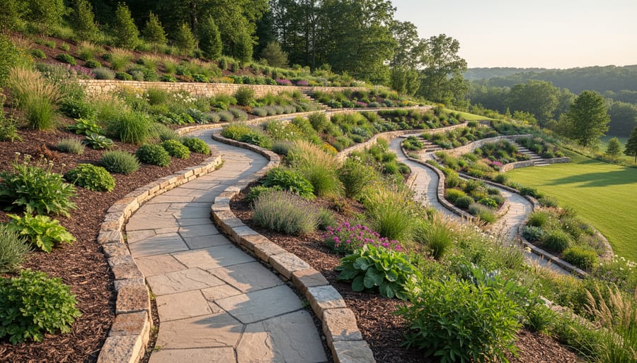 Curved garden pathway following natural slope with native Australian plants