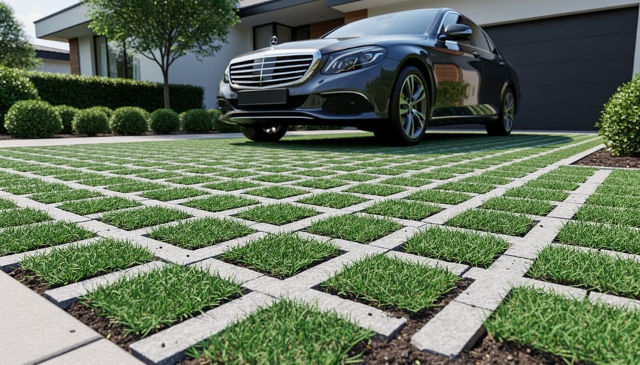 Overhead view of grass paver driveway system with green grass growing through grid structure