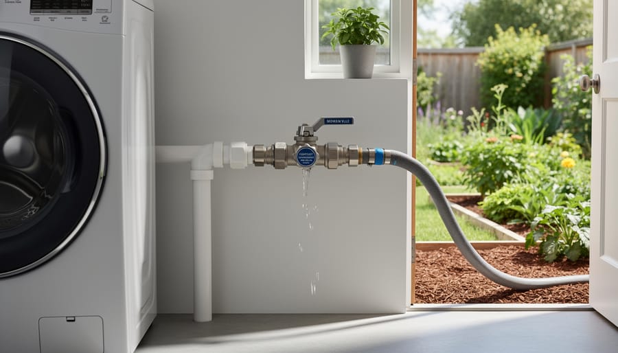 Greywater diversion valve attached to washing machine outlet pipe with garden in background