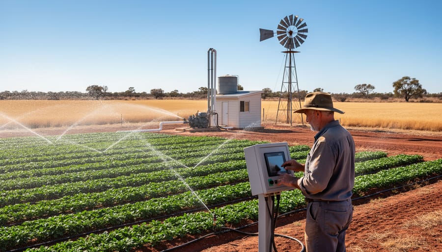 Australian farmer monitoring groundwater irrigation system in crop field