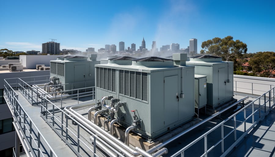 Industrial cooling tower system at hospital facility with water vapor visible