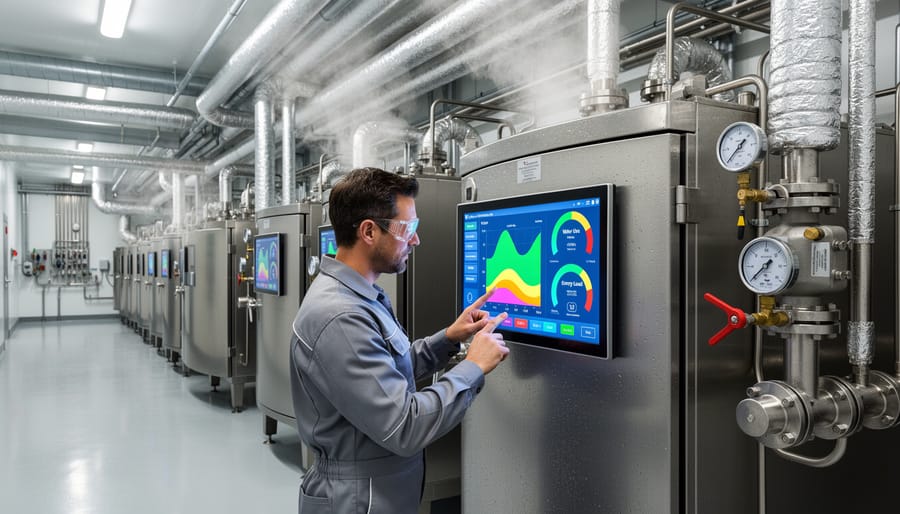 Medical sterilization equipment with surgical instruments and water condensation visible