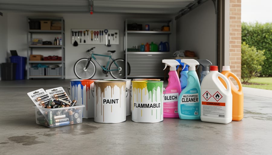 Collection of household hazardous waste including paint cans, batteries, and cleaning products on garage floor