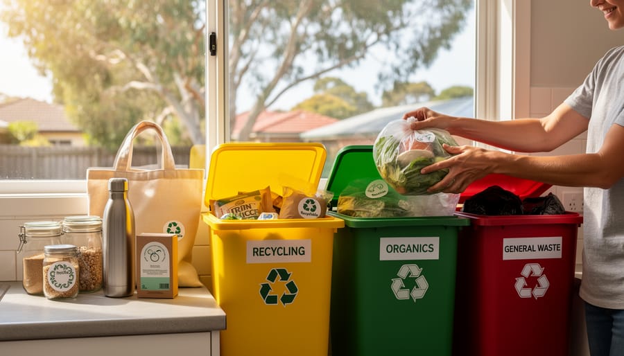 Hands carefully sorting recyclable materials on kitchen counter
