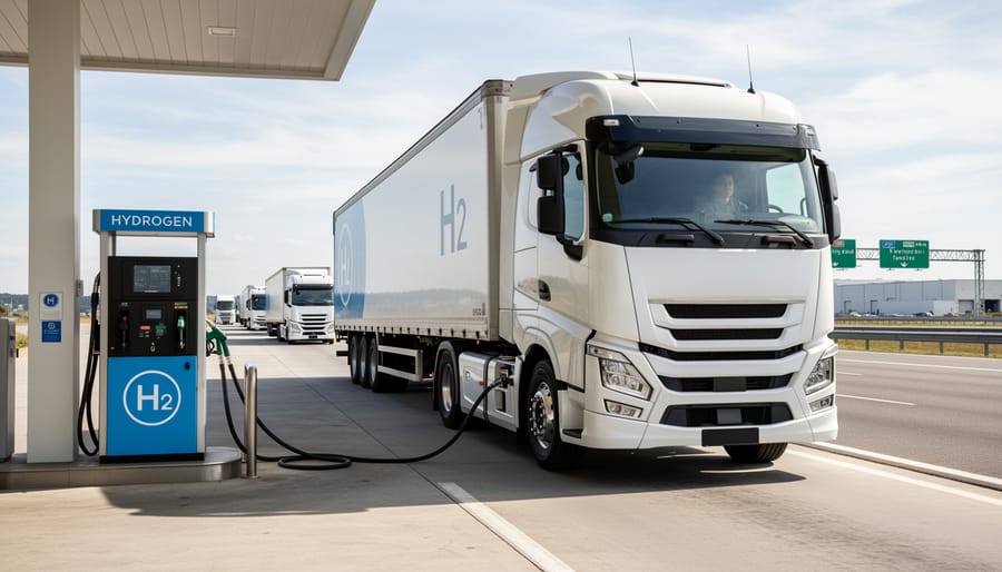 Hydrogen fuel cell truck at refueling station infrastructure