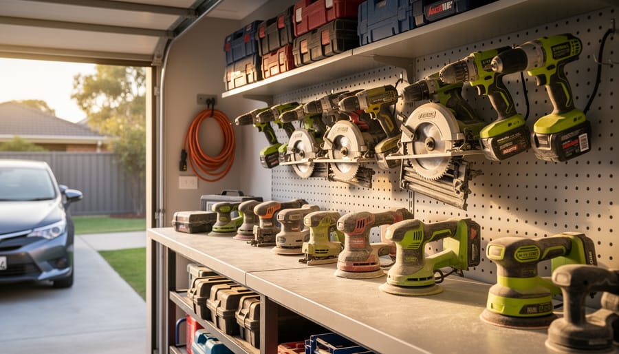 Dusty unused power tools stored on garage shelves illustrating waste from individual ownership