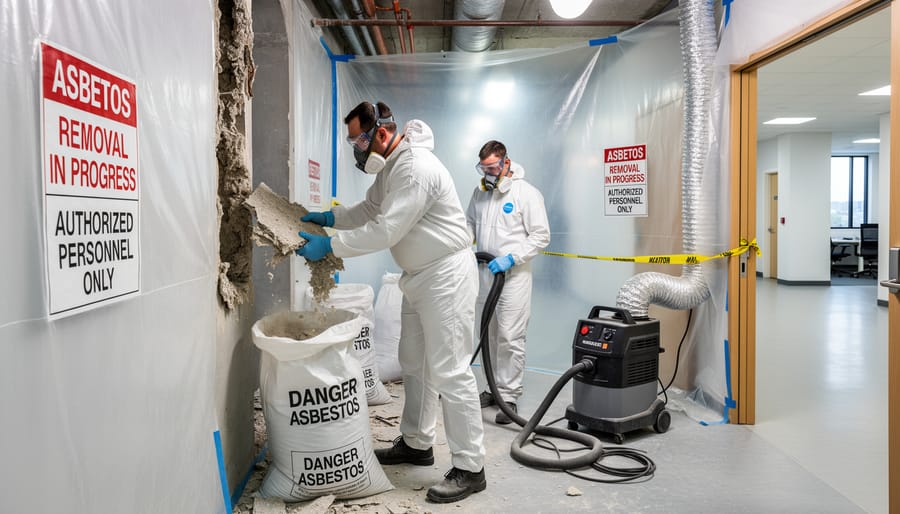 Asbestos removal professional in protective gear setting up containment barriers