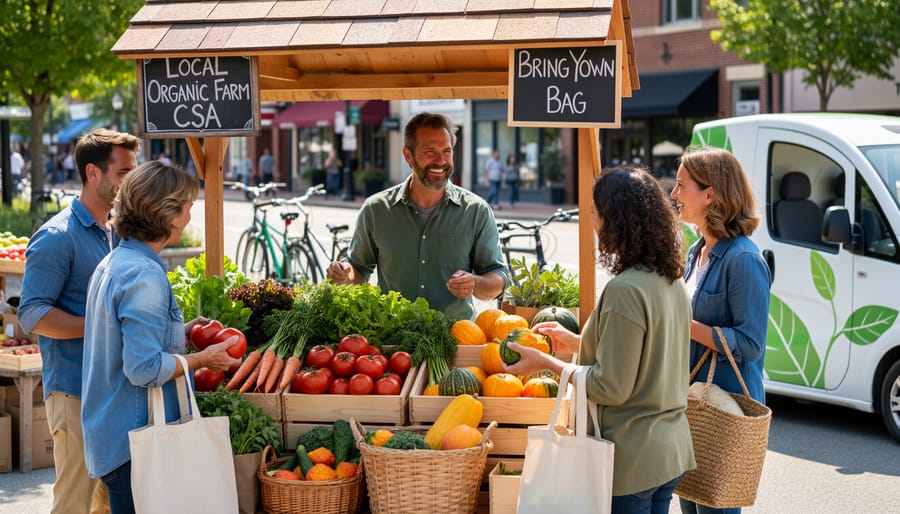 Farmers market stall with fresh organic produce and farmer talking with customer